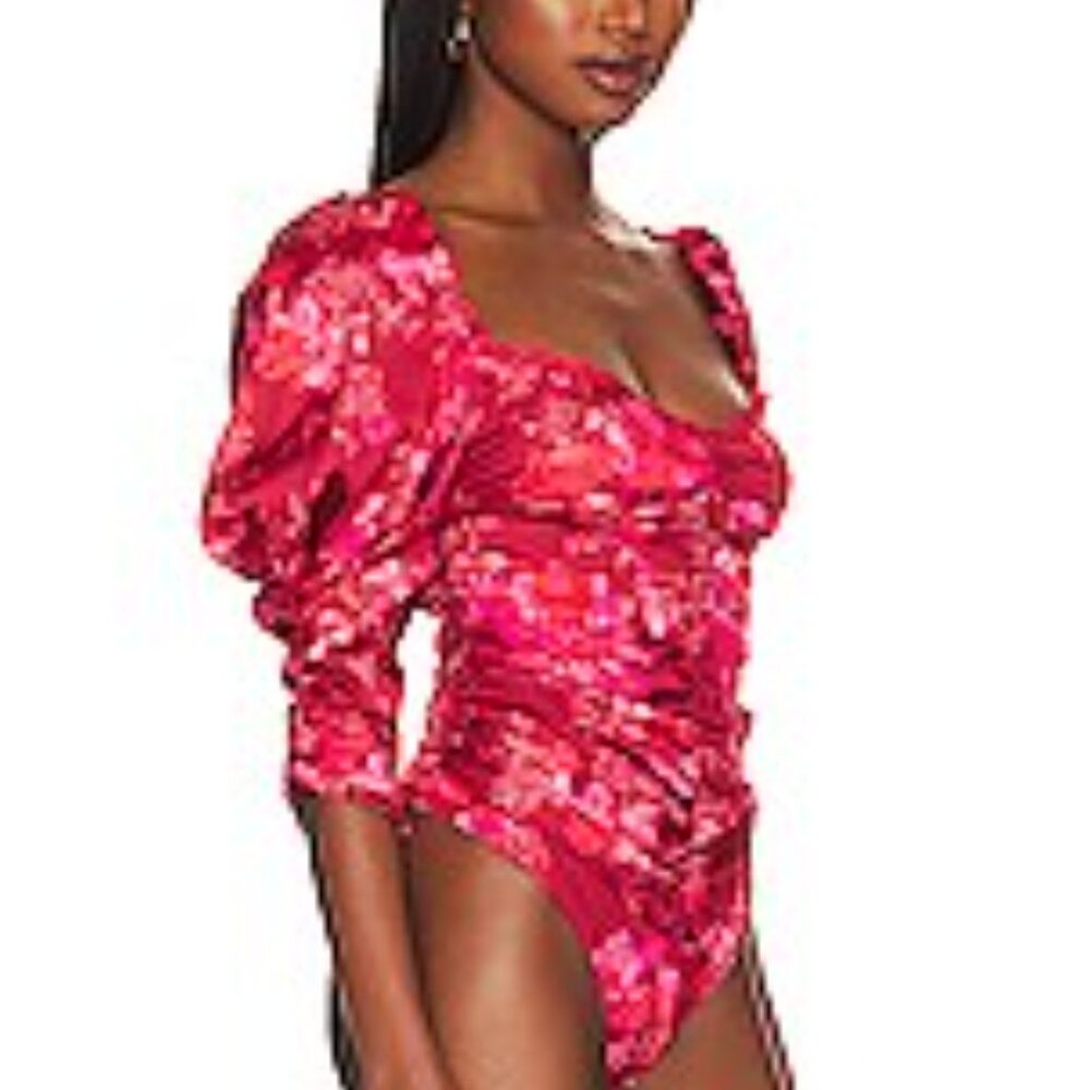 NWT For Love & Lemons Monet Bodysuit Red Floral Puff Sleeves Women's Size XS - Picture 5 of 14